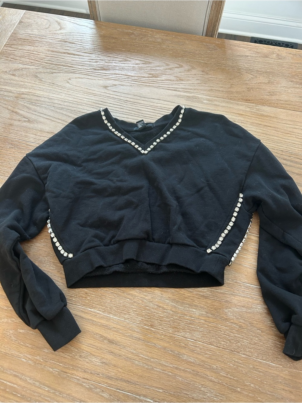 Forever 21 Black Cropped V-Neck Sweatshirt with Rhinestone Trim